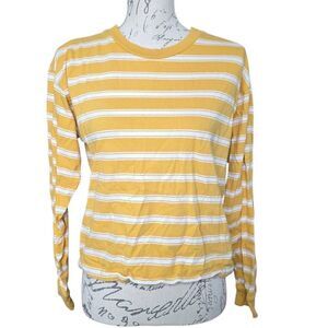 Forever 21 Women's Size Small Yellow White Striped Long Sleeve T-shirt